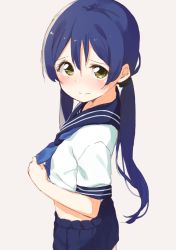 Rule 34 | 10s, 1girl, blue hair, blush, from above, long hair, looking at viewer, looking back, love live!, love live! school idol project, school uniform, serafuku, skirt, solo, sonoda umi, tofu1601, twintails, yellow eyes