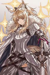 Rule 34 | 1girl, absurdres, animal ear fluff, animal ears, arknights, armor, armored boots, belt, black gloves, blemishine (arknights), blonde hair, boots, cape, closed mouth, cowboy shot, elbow gloves, faulds, full armor, fur trim, gloves, gradient background, grey background, grey cape, highres, holding, holding sword, holding weapon, horse ears, horse girl, horse tail, long hair, looking at viewer, outstretched arm, ponytail, shokikanes, sidelocks, solo, sparkle, sword, tail, thigh boots, thighhighs, very long hair, weapon, yellow eyes