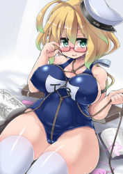 Rule 34 | 10s, 1girl, ahoge, bdsm, blonde hair, blue eyes, blush, bondage, book, bound, breast bondage, breasts, cameltoe, covered erect nipples, crotch rope, curvy, egg vibrator, glasses, hat, i-8 (kancolle), kantai collection, large breasts, looking at viewer, low twintails, name tag, one-piece swimsuit, open mouth, peaked cap, rakuma kanori, rope, school swimsuit, self bondage, semi-rimless eyewear, sex toy, shibari, shibari over clothes, sitting, solo, swimsuit, thighhighs, twintails, under-rim eyewear, vibrator, white thighhighs, wide hips
