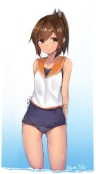 Rule 34 | 10s, arms behind back, brown eyes, brown hair, cowboy shot, hair ornament, hairclip, highres, i-401 (kancolle), japanese clothes, kantai collection, kure (kure ng), looking at viewer, name tag, one-piece swimsuit, ponytail, sailor collar, school swimsuit, school uniform, short ponytail, simple background, smile, solo, standing, standing on liquid, swimsuit, swimsuit under clothes, tan, tanline, thighs