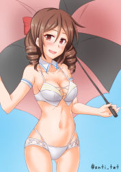 Rule 34 | 1girl, anti (untea9), bikini, blue background, bow, breasts, brown hair, cleavage, commentary request, cosplay, cowboy shot, detached collar, drill hair, fletcher (kancolle) (cosplay), fletcher (kancolle), hair bow, harukaze (kancolle), highres, kantai collection, long hair, looking at viewer, medium breasts, navel, red bow, red eyes, solo, swimsuit, twin drills, twitter username, two-tone umbrella, white bikini