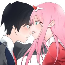 Rule 34 | 10s, 1boy, 1girl, absurdres, biting, black hair, blush, couple, darling in the franxx, face-to-face, hair ornament, hairband, highres, hiro (darling in the franxx), horns, j humbo, long hair, looking at another, military, military uniform, oni horns, pink hair, red horns, short hair, uniform, white hairband, zero two (darling in the franxx)
