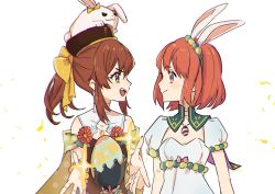 Rule 34 | 2girls, animal ears, bow, brown eyes, brown hair, delthea (fire emblem), delthea (spring) (fire emblem), dress, easter egg, egg, fake animal ears, fire emblem, fire emblem: mystery of the emblem, fire emblem echoes: shadows of valentia, fire emblem heroes, hair bow, highres, hoshigaki (hsa16g), long hair, looking at another, maria (fire emblem), maria (spring) (fire emblem), multiple girls, nintendo, official alternate costume, ponytail, rabbit ears, red eyes, red hair, short hair, smile, upper body, white background, white dress