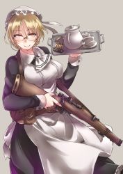 Rule 34 | 1girl, ammunition, ammunition belt, ammunition pouch, apron, ascot, ayyh, belt, belt pouch, blonde hair, blush, bolt action, bow, breasts, buckle, bullet, cartridge, clip (weapon), cowboy shot, cup, dress, frilled dress, frills, glasses, grey background, gun, hair between eyes, hair ornament, hand up, hat, highres, holding, holding gun, holding tray, holding weapon, lee-enfield, long sleeves, looking at viewer, maid, maid apron, maid cap, maid headdress, medium breasts, mob cap, plate, pouch, red eyes, ribbon, rifle, saucer, shell casing, short hair, simple background, skirt, smile, solo, strap, tea, teacup, teapot, tray, weapon, white bow