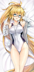 Rule 34 | 1girl, adjusting eyewear, bare shoulders, bed sheet, black-framed eyewear, blonde hair, blue eyes, blush, breasts, collarbone, commentary request, competition swimsuit, covered navel, dakimakura (medium), fate/grand order, fate (series), fingernails, glasses, gluteal fold, highres, jacket, jeanne d&#039;arc (fate), jeanne d&#039;arc (ruler) (fate), jeanne d&#039;arc (swimsuit archer) (fate), jeanne d&#039;arc (swimsuit archer) (second ascension) (fate), koyuki (kotatsu358), long hair, long sleeves, looking at viewer, lying, medium breasts, on back, one-piece swimsuit, open clothes, open jacket, open mouth, ponytail, sleeves past wrists, smile, solo, sweat, sweatdrop, swimsuit, very long hair, whistle, whistle around neck