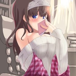 Rule 34 | 10s, 1girl, bare shoulders, blue eyes, blush, breasts, brown hair, cleavage, covering own mouth, female focus, hairband, idolmaster, idolmaster cinderella girls, katuhata, large breasts, long hair, looking at viewer, sagisawa fumika, shawl, solo, sweater, upper body