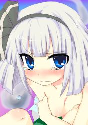 Rule 34 | 1girl, absurdres, blue background, blue eyes, blush, breasts, covering privates, covering breasts, gradient background, hairband, highres, kabira (seiga), konpaku youmu, konpaku youmu (ghost), purple background, ribbon, short hair, silver hair, solo, tears, topless, touhou