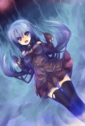Rule 34 | 1girl, bare shoulders, blue eyes, blue hair, blush, breasts, detached sleeves, dutch angle, highres, long hair, mamuru, matching hair/eyes, open mouth, original, paw pose, pleated skirt, school uniform, skirt, solo, thighhighs, torn clothes, torn thighhighs, zettai ryouiki