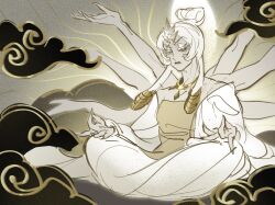 1girl black_eyes buddhism cloud cookie_run cookie_run:_kingdom extra_arms guanyin hair_bun highres indian_style jugenxiannu196 long_hair looking_at_viewer mystic_flour_cookie pale_skin robe sitting slit_pupils solo white_hair white_robe