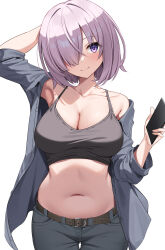 Rule 34 | 1girl, absurdres, armpits, belt, blush, breasts, cleavage, collarbone, fate/grand order, fate (series), hair over one eye, highres, large breasts, long sleeves, looking at viewer, mash kyrielight, navel, pants, pink hair, purple eyes, purple hair, short hair, smile, solo, suiroh (shideoukami)