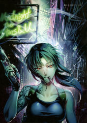 Rule 34 | 1girl, absurdres, bare shoulders, black gloves, black lagoon, cigarette, collarbone, fingerless gloves, gloves, glowing, glowing eyes, gun, highres, hiroe rei, holding, holding weapon, long hair, looking at viewer, neon lights, official art, revy (black lagoon), scan, shoulder tattoo, sleeveless, smoking, solo, tattoo, weapon, wind, yellow eyes