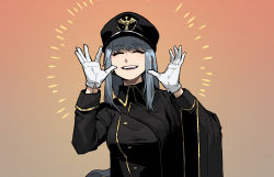 Rule 34 | 1girl, :d, black hat, black jacket, blue hair, closed eyes, commentary, english commentary, facing viewer, gloves, gogalking, gradient background, halo, hat, jacket, long hair, long sleeves, ofelia (gogalking), open mouth, original, peaked cap, smile, solo, white gloves