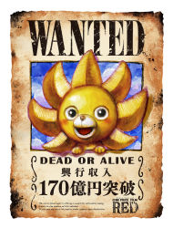 Rule 34 | 1other, blue sky, character name, highres, long hair, oda eiichirou, official art, one piece, one piece film: red, open mouth, promotional art, simple background, sky, smile, solo, standing, sunny-kun (one piece), title, translation request, wanted poster