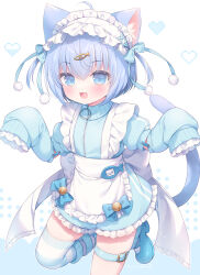 1girl :d ahoge animal_ear_fluff animal_ears apron bell blue_background blue_bow blue_eyes blue_hair blue_jacket blue_shoes blue_sleeves blue_socks blush bow cat_ears cat_girl cat_tail commentary detached_sleeves fang fish_hair_ornament frilled_apron frilled_hairband frills hair_between_eyes hair_ornament hairband heart highres jacket jersey_maid jingle_bell long_sleeves looking_at_viewer loose_socks maid onka open_mouth original pixelated puffy_long_sleeves puffy_short_sleeves puffy_sleeves shoes short_hair short_sleeves smile socks solo standing standing_on_one_leg striped_clothes striped_thighhighs symbol-only_commentary tail thighhighs track_jacket two_side_up unconventional_maid usashiro_mani white_apron white_background white_hairband