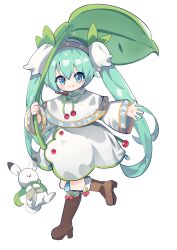 Rule 34 | 1girl, absurdres, ainu clothes, animal, aqua eyes, aqua hair, blue hairband, boots, brown footwear, butterbur, capelet, commentary, dress, flower, full body, fur-trimmed boots, fur-trimmed capelet, fur trim, gold trim, green ribbon, green scarf, green vest, hair flower, hair ornament, hairband, hatsune miku, highres, holding, holding leaf, hoop skirt, koropokkuru, leaf, leaf umbrella, leg up, lily of the valley, long hair, looking at viewer, neck ribbon, outstretched arm, rabbit, rabbit yukine, ribbon, rowan, scarf, simple background, smile, snowflake print, solo, standing, standing on one leg, twintails, very long hair, vest, vocaloid, white background, white capelet, white dress, white flower, youyu ika, yuki miku, yuki miku (2015)