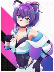 Rule 34 | 1girl, absurdres, bandaid, bandaid on face, bandaid on nose, black choker, black gloves, blue eyes, blue hair, breasts, choker, cleavage, commentary, covered navel, english commentary, gloves, halterneck, hand on own hip, highres, indie virtual youtuber, jacket, leotard, leotard under clothes, looking at viewer, medium breasts, melody (projektmelody), multicolored hair, nagi clip, navel, ponytail, purple hair, purple leotard, shorts, streaked hair, virtual youtuber, vshojo, white jacket, white shorts