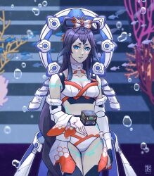 Rule 34 | 1girl, air bubble, android, bikini, blue eyes, blue hair, body markings, box, braid, breasts, bridal gauntlets, bubble, cleavage, commentary, coral, cowboy shot, dark blue hair, dated, detached sleeves, eyeliner, fish, floating, floating object, gradient hair, hair between eyes, hair ornament, halo, halo behind head, head chain, hexagon print, highres, jewelry, ko myth, long hair, looking at viewer, makeup, multicolored hair, otohime (housamo), parted lips, red eyeliner, self-upload, sidelocks, signature, single braid, small breasts, solo, sparkle, swimsuit, tokyo houkago summoners, underwater