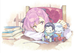 Rule 34 | 1girl, arm support, asymmetrical bangs, book, book stack, border, chair, character doll, closed mouth, desk, detached sleeves, fading border, fate/grand order, fate (series), frilled sleeves, frills, helena blavatsky (fate), indoors, leaning forward, long sleeves, nikola tesla (fate), pale color, paper, puffy long sleeves, puffy sleeves, purple eyes, purple hair, quill, short hair, sitting, smile, solo, t-okada, thomas edison (fate), white sleeves