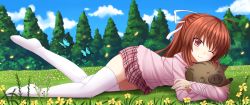 Rule 34 | 00s, 1girl, animal, bell, blush, boar, botan (clannad), bow, brown eyes, brown hair, clannad, cloud, crossover, day, eyebrows, grass, highres, hug, kazenokaze, little busters!, long hair, looking at viewer, lying, natsume rin, no shoes, on stomach, one eye closed, pig, pink bow, plaid, plaid skirt, ponytail, ribbon, skirt, smile, thighhighs, tree, white thighhighs, x x, zettai ryouiki