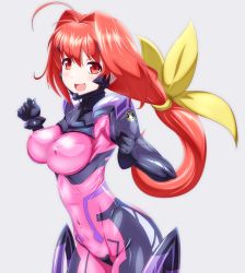 Rule 34 | 1girl, ahoge, blush, bodysuit, bow, breasts, clenched hands, commentary request, covered erect nipples, covered navel, cropped legs, danpu, fortified suit, hair bow, hair intakes, hands up, highres, impossible bodysuit, impossible clothes, kagami sumika, large breasts, long hair, looking at viewer, low ponytail, muv-luv, muv-luv alternative, open mouth, partial commentary, pilot suit, pink bodysuit, ponytail, red eyes, red hair, shiny clothes, simple background, skin tight, solo, very long hair, yellow bow
