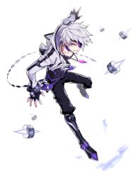 Rule 34 | 1boy, add (elsword), black footwear, black gloves, black pants, boots, elsword, eyepatch, fingerless gloves, full body, gloves, grin, highres, hwansang, jacket, jewelry, knee boots, looking at viewer, male focus, messy hair, official art, pants, pendant, purple eyes, shirt, smile, solo, time tracer (elsword), transparent background, white hair, white jacket