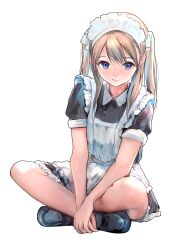 Rule 34 | 1girl, absurdres, apron, black dress, black footwear, blonde hair, blue eyes, dress, emutsuichi, frilled apron, frills, full body, highres, indian style, loafers, long hair, looking at viewer, maid, maid apron, maid headdress, original, own hands together, shoes, short sleeves, sidelocks, simple background, sitting, sketch, smile, solo, twintails, v arms, white apron, white background