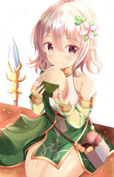 Rule 34 | 1girl, :t, bare shoulders, blush, bridal gauntlets, closed mouth, commentary request, detached sleeves, dress, eating, flower, food, food on face, green sleeves, hair between eyes, hair flower, hair ornament, hands up, highres, holding, holding food, kokkoro (princess connect!), long hair, looking at viewer, onigiri, pointy ears, polearm, princess connect!, red eyes, rice, rice on face, silver hair, simple background, sleeveless, sleeveless dress, solo, spear, weapon, white background, white dress, white flower, xenon (for achieve)