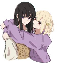 Rule 34 | 2girls, arms around neck, atenaba, black hair, blonde hair, brown sweater vest, chromatic aberration, closed mouth, commentary request, cropped torso, hair ornament, hairclip, highres, hug, inoue takina, long hair, long sleeves, looking at viewer, lycoris recoil, medium hair, multiple girls, nishikigi chisato, one side up, parted lips, purple eyes, purple sweater, red eyes, simple background, smile, sweater, sweater vest, upper body, white background, white sweater