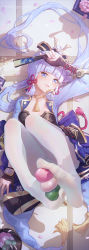 Rule 34 | 1girl, absurdres, arm guards, arm up, armor, ayaka (genshin impact), black gloves, blue eyes, blue hair, blunt bangs, breastplate, chinese commentary, choker, commentary request, dango, english text, feet, feet on toy, folding fan, food, holding with feet, full body, genshin impact, gloves, hair ornament, hair ribbon, hand fan, highres, holding, holding fan, icecake, legs up, light blue hair, long hair, long sleeves, looking at viewer, lying, no shoes, on back, panties, panties under pantyhose, pantyhose, parted lips, partially fingerless gloves, petals, ponytail, purple ribbon, purple skirt, ribbon, sidelocks, skirt, solo, tabi, tassel, underwear, very long hair, wagashi, white panties, white pantyhose, yellow choker