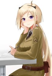 Rule 34 | 1girl, artist name, belt, black necktie, blonde hair, blush, brown belt, brown jacket, chair, closed mouth, commentary, commission, embarrassed, english commentary, feet out of frame, gamryous, girls&#039; frontline, hand on own cheek, hand on own face, highres, holding, holding pen, jacket, long hair, long sleeves, looking at viewer, m3 (girls&#039; frontline), military, military uniform, necktie, paper, pen, purple eyes, sitting, solo, table, uniform, white background