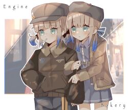 Rule 34 | 2girls, alternate costume, arm hug, baker nemo (fate), belt, beret, blonde hair, blue bow, blue dress, blue eyes, blue pants, blush, bomber jacket, bow, brown headwear, brown jacket, cabbie hat, candy, collar, dress, engineer nemo (fate), english text, fate/grand order, fate (series), food, freedumco, hair bow, hand in pocket, hat, highres, holding another&#039;s arm, jacket, lollipop, multiple girls, nemo (fate), pants, short hair, suspenders hanging, very long sleeves, white collar