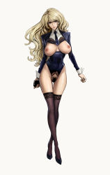 Rule 34 | 1girl, black footwear, black thighhighs, blonde hair, blue jacket, blue necktie, breasts, breasts out, brown eyes, closed mouth, crossed ankles, crotchless, crotchless panties, female pubic hair, full body, highleg, highleg leotard, highres, holding, jacket, large breasts, leotard, long hair, long sleeves, looking at viewer, lupin iii, mine fujiko, necktie, nipples, no bra, no pants, panties, pubic hair, simple background, solo, standing, thighhighs, underwear, wavy hair, wide hips, zjl baiqishi