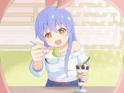 Rule 34 | 2girls, :d, bare shoulders, blue hair, collarbone, commentary, fang, female pov, hair between eyes, highres, hisaki hiyori, holding, holding spoon, incoming food, indoors, k-d, leaning forward, long hair, looking at viewer, multiple girls, nanami raika, off-shoulder shirt, off shoulder, onii-chan wa oshimai!, open mouth, parfait, pink hair, pov, pov across table, pov hair, shirt, sitting, smile, solo focus, spoon, white shirt, yellow eyes