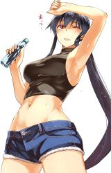 Rule 34 | 1girl, abo (hechouchou), armpits, black hair, black tank top, blush, bottle, breasts, clenched teeth, cowboy shot, denim, denim shorts, from below, hair between eyes, highres, holding, holding bottle, kantai collection, lips, long hair, medium breasts, navel, one eye closed, ponytail, ramune, short shorts, shorts, sideboob, sidelocks, simple background, solo, standing, tank top, teeth, upper body, very long hair, white background, wiping forehead, yahagi (kancolle)