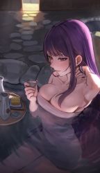 Rule 34 | 1girl, alternate hairstyle, apopo, armpits, bathing, blush, bottle, breasts, chopsticks, cleavage, collarbone, commentary, cowboy shot, cup, drinking, food, genshin impact, hair down, hand in own hair, holding, holding cup, hot spring, large breasts, long hair, naked towel, night, omelet, onsen, outdoors, parted lips, partially submerged, purple eyes, purple hair, raiden shogun, ripples, sake bottle, sitting, smile, solo, straight hair, tamagoyaki, towel, water, wet