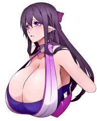 Rule 34 | 1girl, bare shoulders, bow, breasts, cleavage, elf, hair bow, halterneck, highres, huge breasts, hz (666v), long hair, mole, mole under eye, mutsuki1128 (twitter username), original, parted lips, pointy ears, purple eyes, purple hair, solo, strapless, tube top, upper body