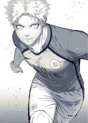 Rule 34 | 1boy, blonde hair, blue lock, blue shirt, chris prince, closed mouth, greyscale, looking at viewer, monochrome, shirt, shorts, smile, soccer uniform, solo, sportswear, white shorts