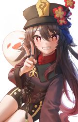 Rule 34 | 1girl, black hat, black shorts, blouse, blush, brown hair, brown nails, brown shirt, chinese clothes, collared shirt, commentary, cowboy shot, fingernails, flower, flower-shaped pupils, genshin impact, ghost, gradient hair, grin, hair between eyes, hat, hat flower, highres, hu tao (genshin impact), jewelry, long hair, long sleeves, looking at viewer, multicolored hair, multiple rings, nail polish, red eyes, red flower, red hair, red shirt, ring, ritae, selfie, shirt, short shorts, shorts, smile, solo, symbol-shaped pupils, tassel, thumb ring, undershirt, v, very long hair, white background