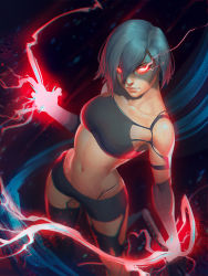 Rule 34 | 1girl, absurdres, android, aura, glowing, glowing eyes, glowing hand, highres, jeremy anninos, joints, looking at viewer, navel, nier (series), nier:automata, red eyes, robot joints, short hair, silver hair, solo, stomach, sword, weapon, a2 (nier:automata)