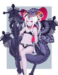 Rule 34 | 1girl, abigail williams (fate), abigail williams (swimsuit foreigner) (fate), abigail williams (swimsuit foreigner) (first ascension) (fate), absurdres, bare shoulders, bikini, black bikini, black bow, border, bow, breasts, closed mouth, collarbone, colored skin, double bun, fate/grand order, fate (series), forehead, grey background, hair bun, highres, huge filesize, keyhole, long hair, looking at viewer, micro bikini, multiple bows, navel, orange bow, parted bangs, pink eyes, shiki. (shigekix31), sidelocks, small breasts, smile, staff, swimsuit, tentacles, thighs, third eye, very long hair, white border, white hair, white skin