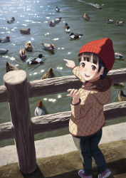 Rule 34 | 1girl, animal, bird, blunt bangs, brown eyes, brown hair, child, commentary, day, duck, full body, grey pants, highres, hood, hood down, jacket, long sleeves, looking at viewer, looking back, open mouth, original, outdoors, pants, papi (papiron100), pink footwear, pointing, red headwear, reflection, reflective water, shoes, short hair, sneakers, teeth, upper teeth only, water, winter