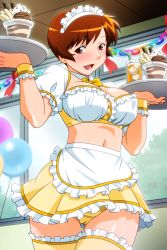 Rule 34 | 1girl, apron, balloon, blush, breasts, brown eyes, brown hair, cleavage, covered erect nipples, drink, food, frilled thighhighs, frills, headdress, holding, holding tray, ice cream, indoors, large breasts, looking at viewer, midriff, miniskirt, non-web source, official art, open mouth, panties, photoshop (medium), short hair, short sleeves, skirt, solo, standing, super real mahjong, tanaka ryou, thigh gap, thighhighs, toyohara etsuko, tray, underwear, w arms, waist apron, white apron, window, wrist cuffs, yellow panties, yellow skirt