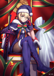 Rule 34 | 1girl, artoria pendragon (all), artoria pendragon (fate), bad id, bad pixiv id, blonde hair, blurry, blush, boots, breasts, cape, chair, closed mouth, crossed legs, depth of field, dress, fate/grand order, fate (series), frown, fur trim, gloves, hat, head rest, head tilt, medium breasts, pantyhose, purple dress, purple footwear, purple thighhighs, saber (fate), saber alter, sack, santa alter, santa hat, sitting, solo, sword, thigh boots, thighhighs, weapon, xiaosan ye, yellow eyes
