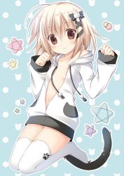 Rule 34 | 10s, 1girl, alice or alice, animal print, black ribbon, blonde hair, blush, breasts, brown eyes, cardigan, cat hair ornament, cat print, cat tail, cleavage, collarbone, full body, hair between eyes, hair ornament, hair ribbon, highres, jacket, korie riko, long hair, looking at viewer, mako (alice or alice), midriff, naked sweater, navel, open cardigan, open clothes, panties, ribbon, small breasts, smile, solo, stomach, sweater, tail, thighhighs, underwear, white jacket, white panties, white thighhighs