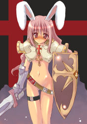 Rule 34 | 1girl, animal ears, armor, artist request, belt, blush, bottomless, censored, convenient censoring, flat chest, gloves, hair between eyes, long hair, no panties, pink hair, rabbit ears, red eyes, shield, solo, sword, thigh strap, wavy mouth, weapon