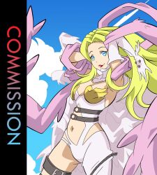 Rule 34 | 1girl, absurdres, angel, angel girl, angewomon, clothing cutout, curvy, digimon, digimon (creature), head wings, highres, long hair, mask, navel cutout, official seraphimon, revealing clothes, unworn mask, very long hair, wide hips, wings