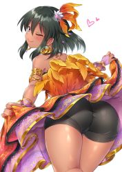 Rule 34 | 1girl, armlet, ass, back, bare shoulders, bike shorts, black shorts, blush, closed mouth, commentary request, dark-skinned female, dark skin, earrings, feather hair ornament, feathers, from behind, green hair, hair ornament, hip focus, huge ass, idolmaster, idolmaster cinderella girls, jewelry, looking at viewer, looking back, nail polish, natalia (idolmaster), one eye closed, purple eyes, short hair, shorts, shorts under skirt, simple background, skin tight, skirt, smile, solo, standing, thick thighs, thighs, trente, wide hips