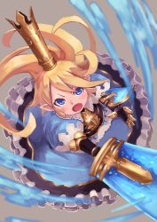 Rule 34 | 1girl, blonde hair, blue eyes, blush, charlotta (granblue fantasy), crown, dress, granblue fantasy, harvin, highres, holding, holding sword, holding weapon, long hair, looking at viewer, open mouth, pointy ears, solo, sword, tesshii (riza4828), weapon