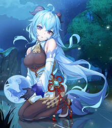 Rule 34 | 1girl, adren, ahoge, bare shoulders, bell, black gloves, black pantyhose, blue hair, breasts, chinese knot, detached sleeves, flower knot, ganyu (genshin impact), genshin impact, gloves, gold trim, highres, horns, kneeling, long hair, looking at viewer, medium breasts, neck bell, night, open mouth, orb, outdoors, pantyhose, purple eyes, qilin (mythology), reflection, sidelocks, sky, solo, star (sky), starry sky, tassel, thighlet, thighs, vision (genshin impact), white sleeves