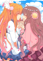 Rule 34 | 2girls, :d, ^ ^, absurdres, ahoge, blush, braid, brown hair, canaca chiyuri, casual, closed eyes, commentary request, cowboy shot, day, dress, facing another, falling petals, flower, flower wreath, from side, hair between eyes, hair flower, hair ornament, hands up, happy, head wreath, highres, holding hands, hood, hoodie, interlocked fingers, kanbe kotori, long hair, long sleeves, multiple girls, official alternate costume, ootori chihaya, open mouth, orange hair, outdoors, petals, petticoat, pink flower, pink hoodie, plaid, plaid skirt, profile, red skirt, rewrite, short dress, sidelocks, skirt, sleeves past wrists, smile, standing, straight hair, twin braids, two side up, very long hair, wavy hair, white dress, wing hair ornament, yuri
